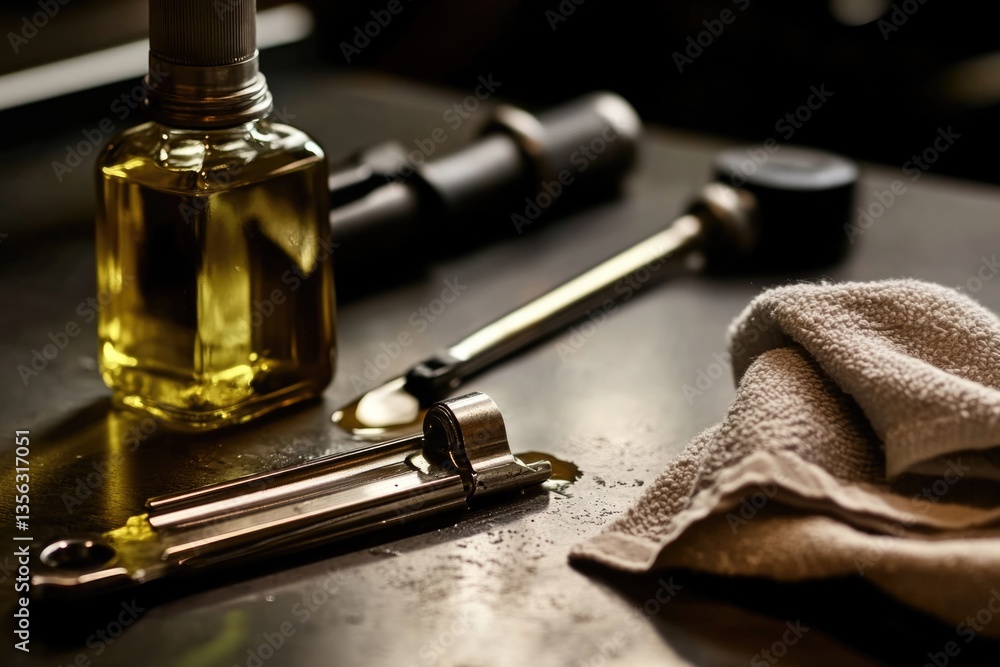 Poster a bottle of olive oil sits next to a pair of scissors on a table or counter