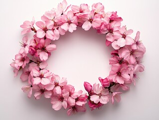  Pink cherry blossom wreath in circle on white background, delicate petals arranged evenly, soft shadows, elegant seasonal floral decor