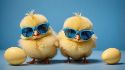 Group of adorable baby chicks wearing sunglasses lined up together against a blue background