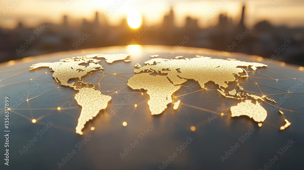 Poster a golden world map with glowing connections between different countries, representing global network