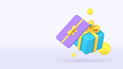 Shopping gift birthday party present box banner copy space vector illustration. Birthday anniversary celebration holiday congratulations festive wrapped package with bow excitement surprise