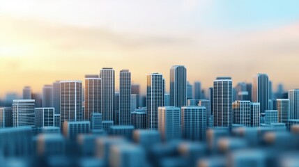 Fototapeta premium 6G network innovation networking and future, A blurred city skyline during sunset, showcasing modern high-rise buildings against a soft pastel sky.