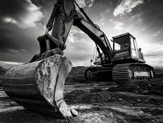 A black and white photo of an excavator used for construction and heavy industry work