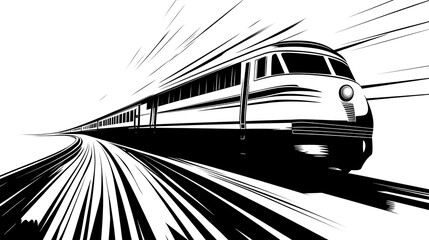 Speeding train in monochrome vector art style.
