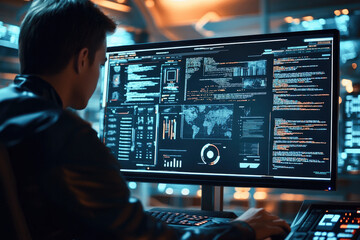 Professional programmer working on complex code and data analysis in a high-tech environment, symbolizing cybersecurity and digital defense systems. 