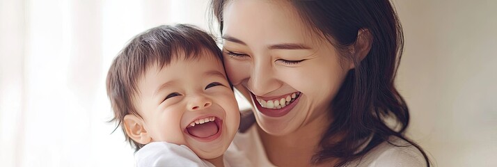 A smiling mother embraces her laughing child in tender affection