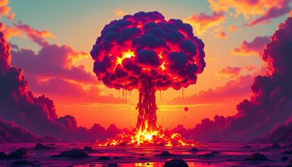 atomic explosion illustration with dramatic sky