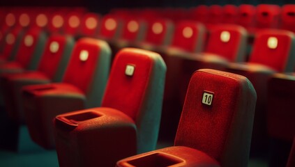 Obraz premium Rows of Empty Red Theater Seats Await the Audience for Show Time