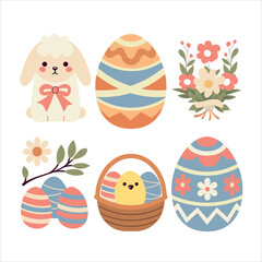 Cute Easter Icons Set | Pastel Vector Illustrations of Easter Eggs, Bunnies, Chicks, Flowers, Candles, and Cakes | Adorable Flat Design for Greeting Cards, Social Media, Prints, and Decorations