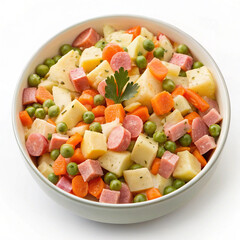  Tasty Olivier salad with boiled sausage in bowl isolated on white