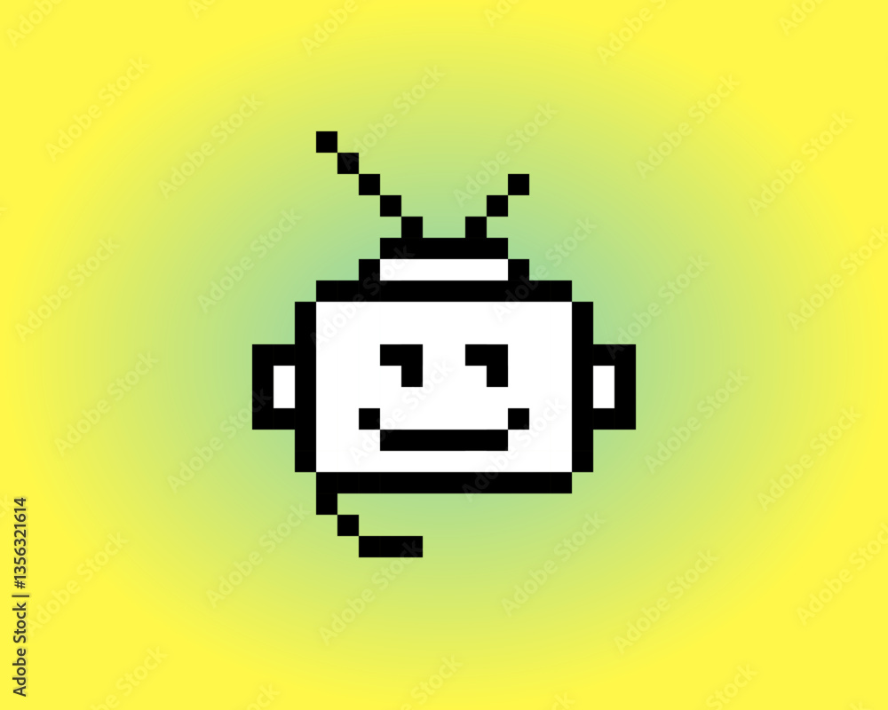 Poster robot head answering. editable pixel vector illustration. cute bot pixel art icon. support service c