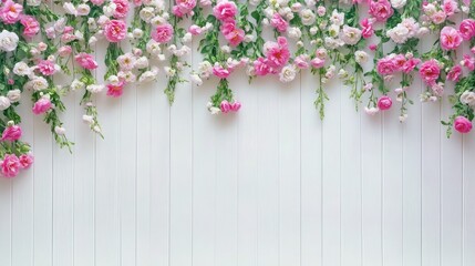 Fototapeta premium Beautiful pink and white flowers draped across a white surface