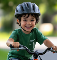 Naklejka premium cute little boy wearing helmet and riding cycle