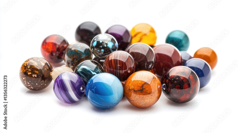 Poster a collection of colorful marbles stacked on a white background, perfect for adding visual interest t
