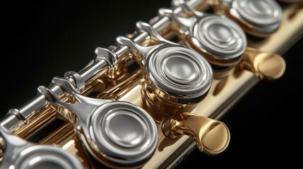 Fototapeta premium A close-up view of a flute on a black background, suitable for musical or instrument-related themes
