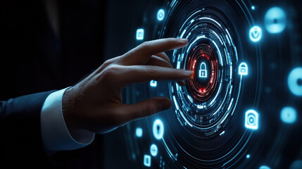 Businessman touching a digital security circle with icons on a virtual screen, a business technology concept background for online or mobile services and applications