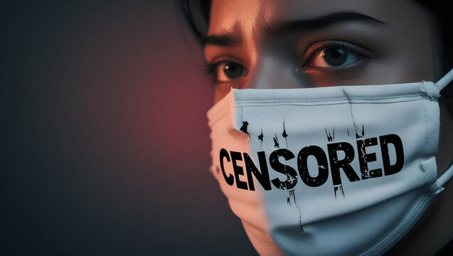 Person&rsquo;s Face with 'Censored' Mask Symbolizing Restrictions on Free Expression and Freedom of Speech