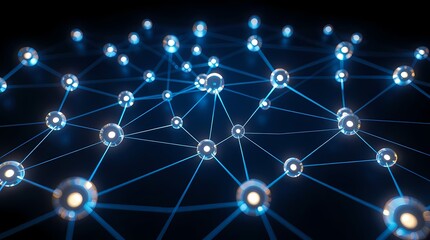 Interconnected Network: An abstract visualization of a network, where luminous spheres connect via glowing lines against a dark backdrop, suggesting connectivity and data transfer.