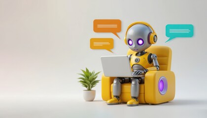 Robot Using Laptop on Armchair with Speech Bubbles Communication Concept