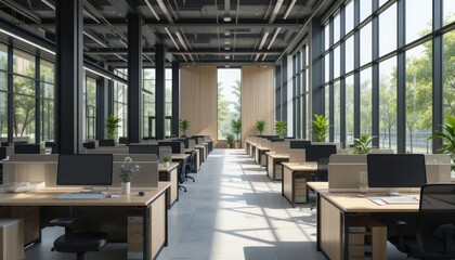 Empty Office Interior with Desks and Large Windows Overlooking Green Trees