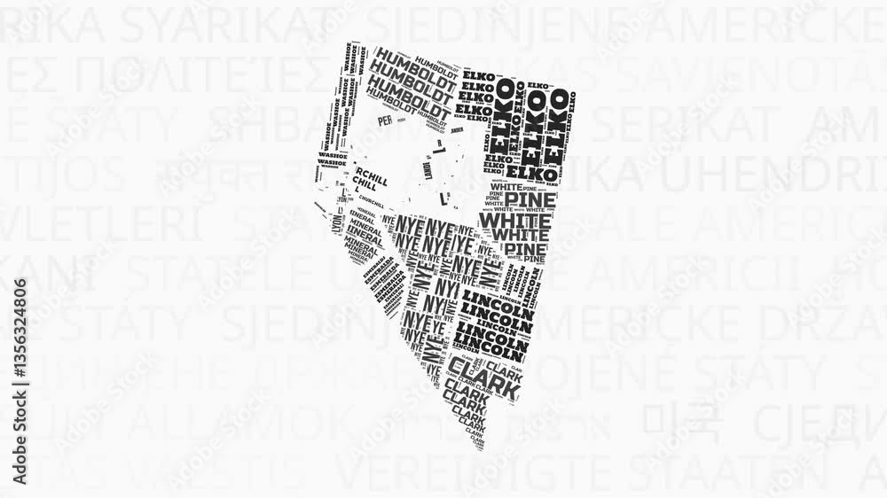 Poster nevada intro animation. state with counties illustration video. background with state names in vario