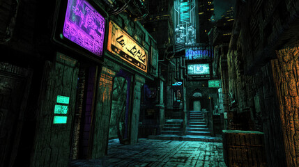 Obraz premium A neon sign lit up in a dark alleyway