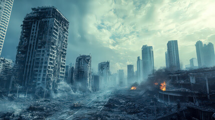 A cityscape with a lot of destruction and fire