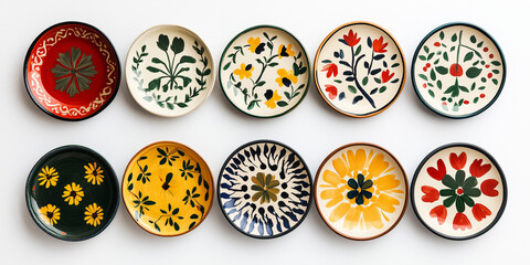 Bright and fresh high resolution image of gorgeous handpainted folk art plates on a white background, wide horizontal landscape format 2:1