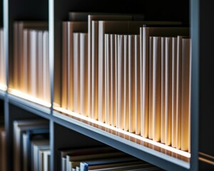 Obraz premium Vertical book storage ideas concepts. Books arranged neatly on shelves with warm lighting illuminating them.