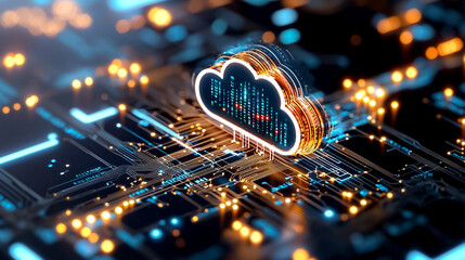 Fototapeta premium Stylized Cloud Icon on Circuit Board Background Representing Cloud Computing and Digital Connectivity