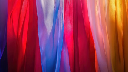 Curtain unveils vibrant hues, abstract backdrop, soft light; a moment of discovery and transformation.