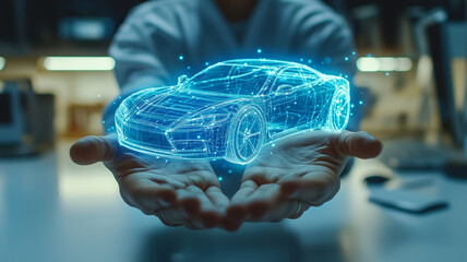 Engineer holding modern smart car hologram in his hands. Man using blue car interface. Generative ai