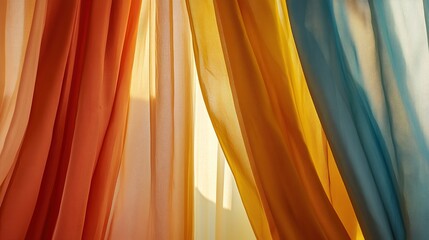 Curtain unveils vibrant hues, abstract backdrop, soft light; a moment of discovery and transformation.