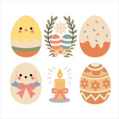 Cute Easter Icons Set | Pastel Vector Illustrations of Easter Eggs, Bunnies, Chicks, Flowers, Candles, and Cakes | Adorable Flat Design for Greeting Cards, Social Media, Prints, and Decorations