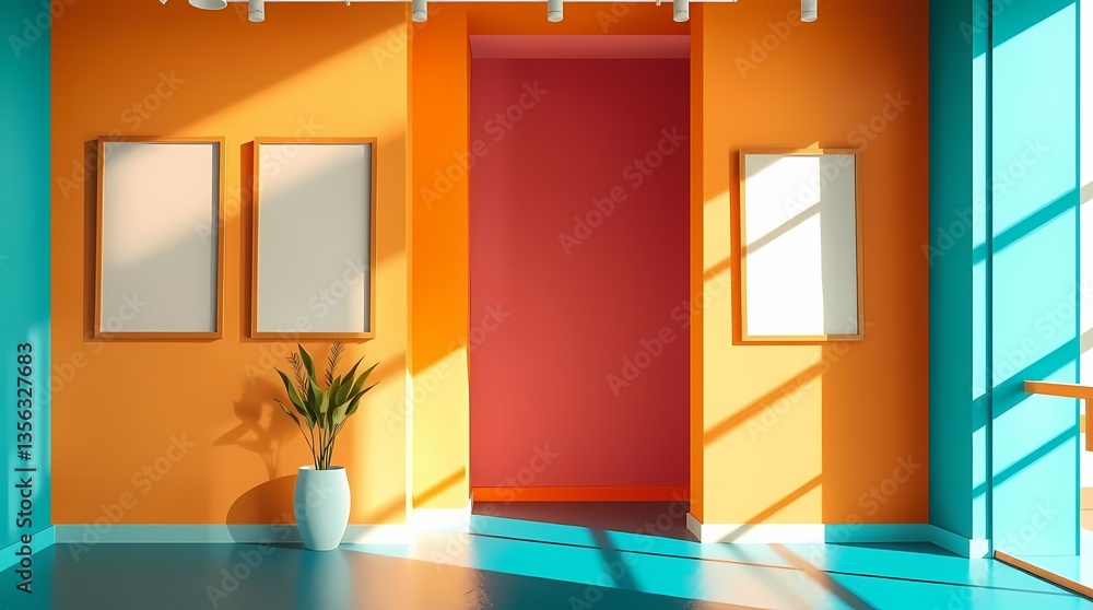 Poster modern art gallery: sunlight streams through a window, illuminating a modern art gallery with bright