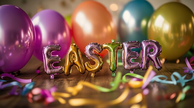 Easter celebration decor with colorful balloons, festive ribbons, and playful letters spelling EASTER, perfect for spring holiday-themed events and parties.