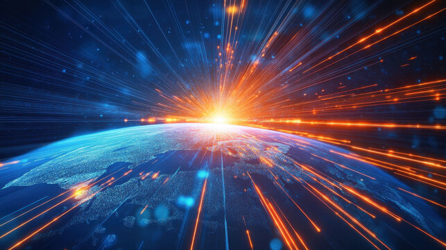 Abstract digital world map with glowing arrows, blue and orange light streaks, representing global connectivity and fast internet speed in the background