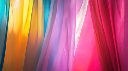 Curtain unveils vibrant hues, abstract backdrop, soft light; a moment of discovery and transformation.