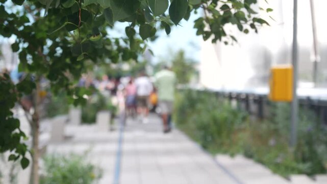 New York City High Line elevated greenway, Manhattan Midtown, USA. People in urban public park. Promenade in garden greenery. American street life, Chelsea highline near Hudson Yards. Railway tracks.