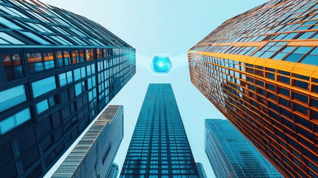 6G network innovation networking and future, A striking low-angle view of modern skyscrapers reaching towards a blue sky, featuring geometric shapes and vibrant reflections.