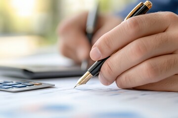 Person analyzing business data with pen