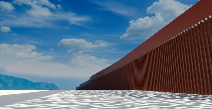 3D illustration of the Mexico?United States border wall in a desert landscape with a cloudy sky