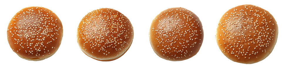 Four Sesame Seed Topped Burger Buns  isolated with Transparent PNG