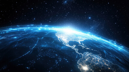 Blue, glowing light lines on Earth from space, a global network concept with the planet Earth and a starry sky background