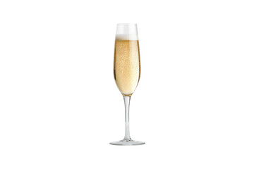A close-up of a single champagne flute filled with golden champagne, positioned against a clean white background