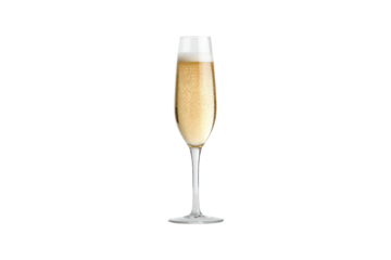 A close-up of a single champagne flute filled with golden champagne, positioned against a clean white background