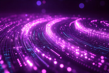 An abstract concept of a digital communication network with glowing purple light lines illustrating modern scientific technologies and data transmission.