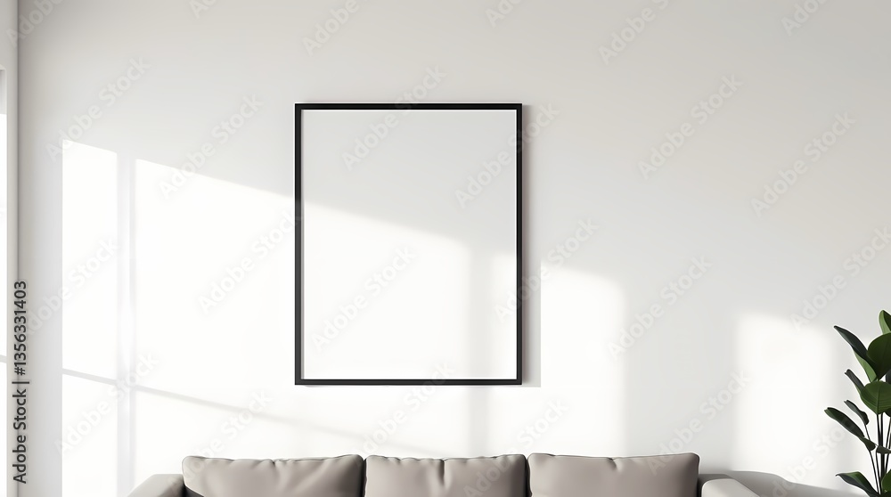 Poster blank canvas in living room: a sleek black framed blank canvas hangs above a modern sofa, creating a