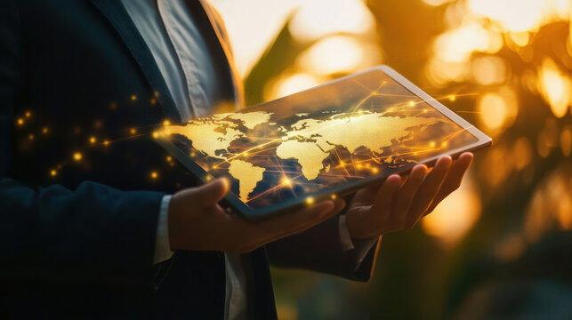 Businessman holding a tablet with a global network and world map on the screen - Powered by Adobe