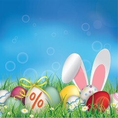 Osteraktion Cover mit bunten Ostereiern und Hasenohren im Gras